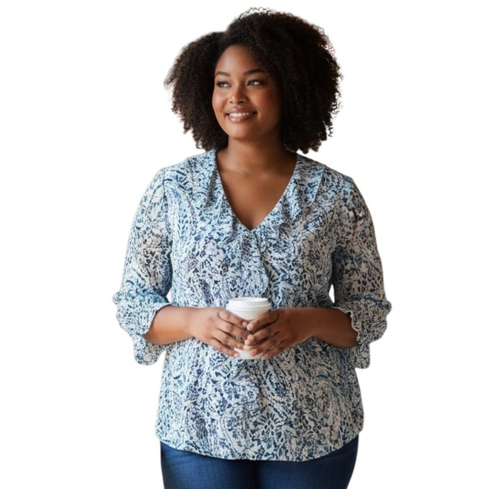 Investments Polyester Blue Patterned Floral Women's Top Size 1X